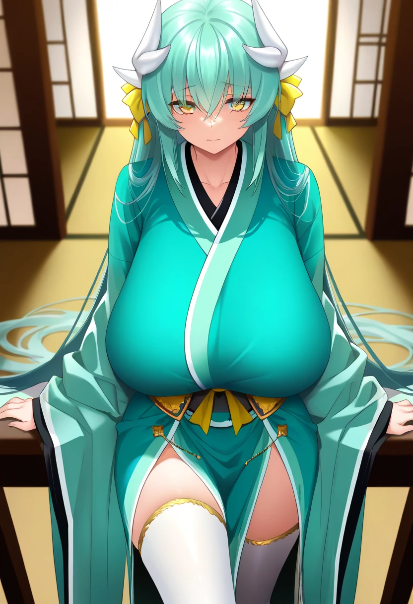 Hentai、High resolution、smile、Her breasts are super big、Kiyohime、In the bedroom of a Japanese aristocrat, a plump princess wearing a yukata spreads her legs and shows off her sexual appeal.、Perfect proportions、Cowboy Shot、Fatty thick legs、Sweaty、Clear eyes