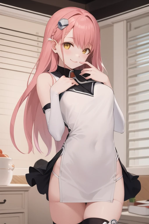 extremely detailed computer graphics, a high resolution, Best quality, masterpiece, stands leaning on the table, very sexy, Erotica, full length (full body 1.1.), Nicole starts(ZZZ), pink hair, hair ribbon, ponytail, two sides up, Top tube, bare shoulders, beautiful breasts , micro shorts, green eyes, I look at the viewer, sitting hair clip, smile,