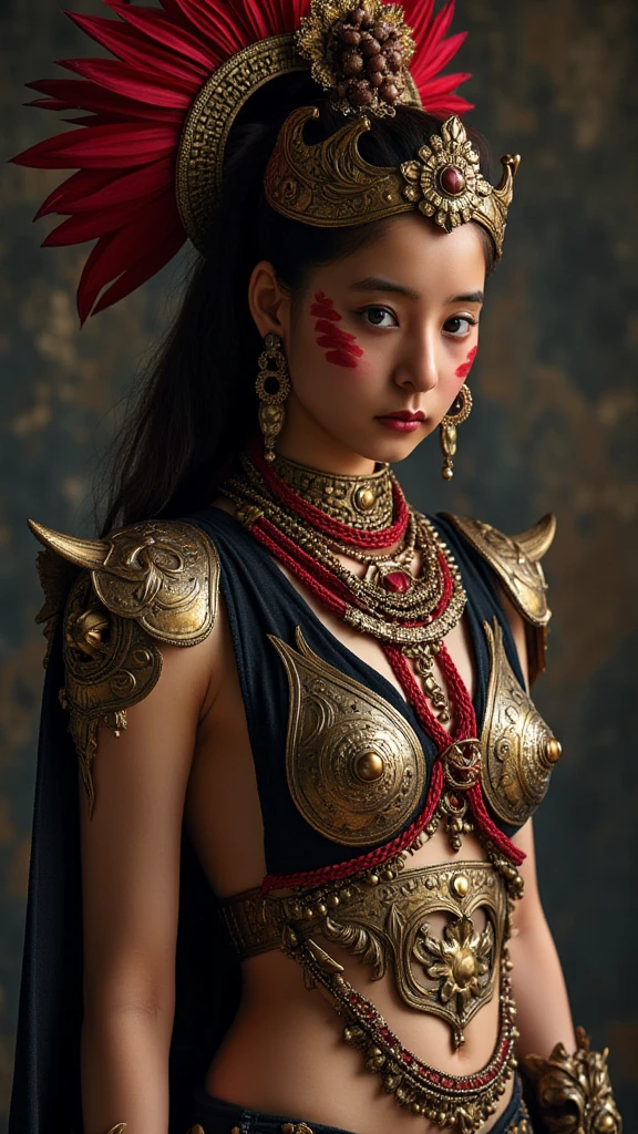 full body view, topless, , oil painting style, spaceship interior, beautiful busty nude Mongolian woman, tattoo, ruby jewelry, black feather headdress, detailed face, detailed eyes, detailed lips, extremely detailed, intricate details, cinematic lighting, dramatic shadows, vivid colors, photorealistic, 8k, high quality, masterpiece, digital art