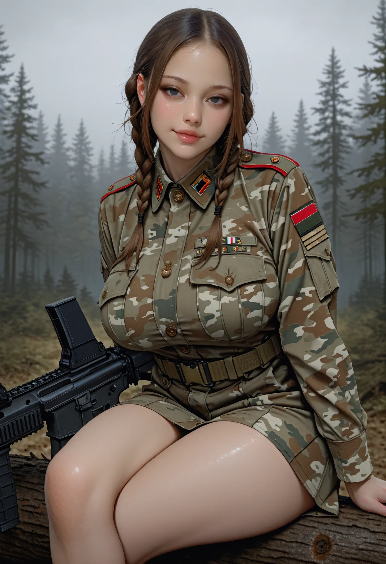 (((sfw))), ((chinese milf, military official, humiliated, in mountains and snow forest, short skirt, military uniform, chinese milf, large lips, beautiful face, big butt, small waist, high heels, small feet, ((full body image)), posing with hands held up as if surrendering, huge breasts, large breasts, skin dentation, cleavage, blood, (((tanned skin))), ripped uniform, (huge lips), 6k, (highly detailed eyes and face), ((tanned ad oiled skin)), ((skin dentation)), very detailed character, (((detailed hands and eyes))), ((massive bursting cleavage)), Super big breasts, bigger breasts than the body, ((skin dentation)), Masterpiece, Full Body, (hyper realistic), (photo realistic), (masterpiece), (best quality), (1girl), (solo).