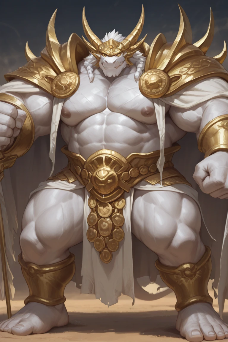 ox, white hair, tall, huge chest, king's clothes