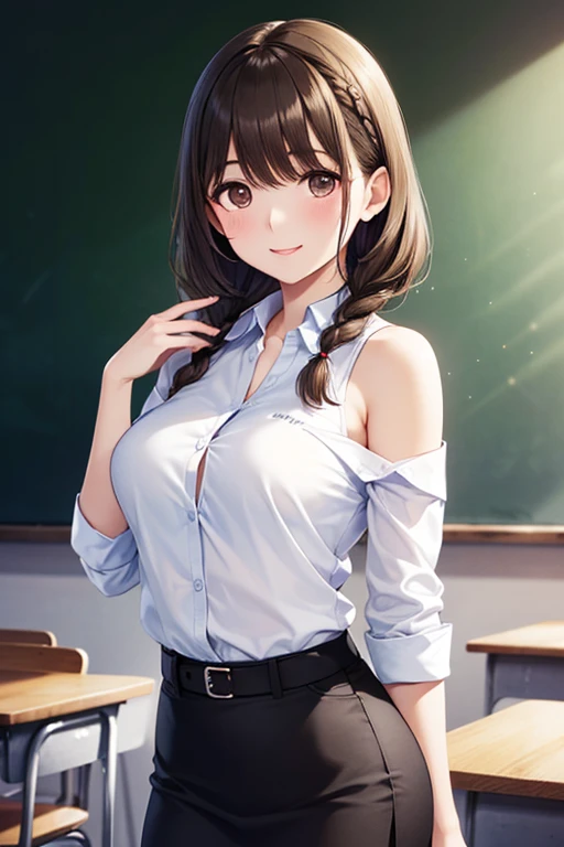 finger crossed expression, pampered, super smile, masterpiece, top quality, ultra detail, illustration, colorful, depth of field, lens glow, one girl, anime, sitting, brunette look, school, classroom, pleated mini skirt, uniform, serafuku, black pantyhose, delicate skin texture, delicate fabric texture, nice and meticulous face, bare shoulders