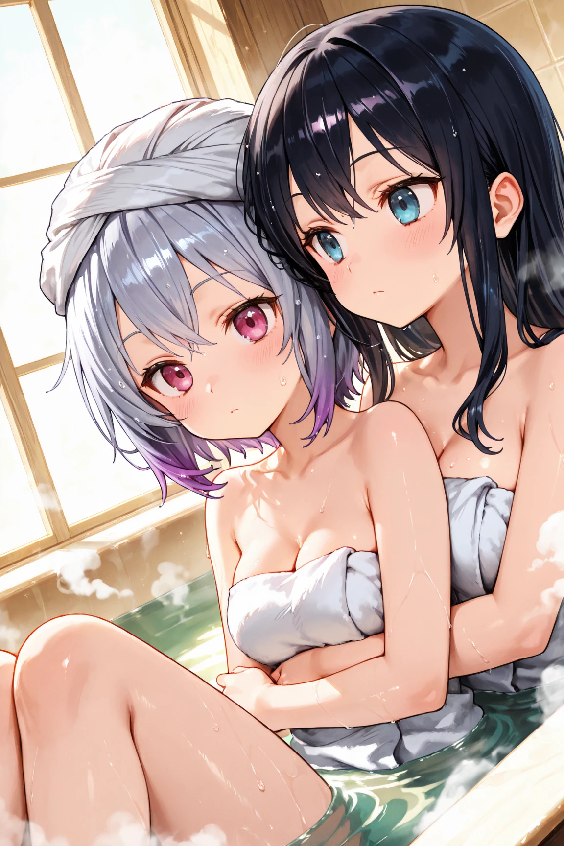 (highest quality)), ((masterpiece)), (Familiar), Perfect Face,Shiny skin,Beautiful breasts,Kyoto Animation style drawing,Shiny skin、hoodie、Sunburned skin、Sweat、Off the shoulder、Double teeth
、Short Hair、Braided Hair、Silver Hair、Young、Big Breasts、Embrace、hot spring、dark skin、close、near、Having popsicles、night、