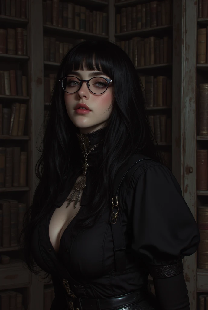 work of art, high quality CG, アニメ, illustration, best qualityer, 1 girl, linked, bondage, beautiful  face, face detailed, cowboy shot, dokkaebi, 1 girl, standing alone, gazing at viewer, Bblack hair, braid, cups, black gloves, waist belt, pants, eyes black, twin braids, hair with highlights, black hat, May, black pants, round glasses, black May, bonnet, Hair behind the ear,