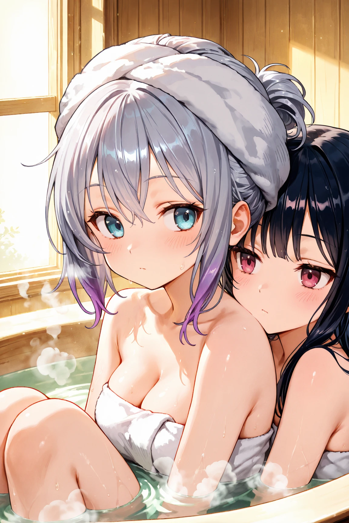 2girls , tiny kid and Busty adult , one girl is tiny Chibi , large head , smiling , short torso , slim body , tanned Skin , another girl is Busty student , long hair , ivory Skin , 2girls both in the shower room , perfectly naked , ((kissing to large penis)) , ((perfectly_bare)) , wet_body