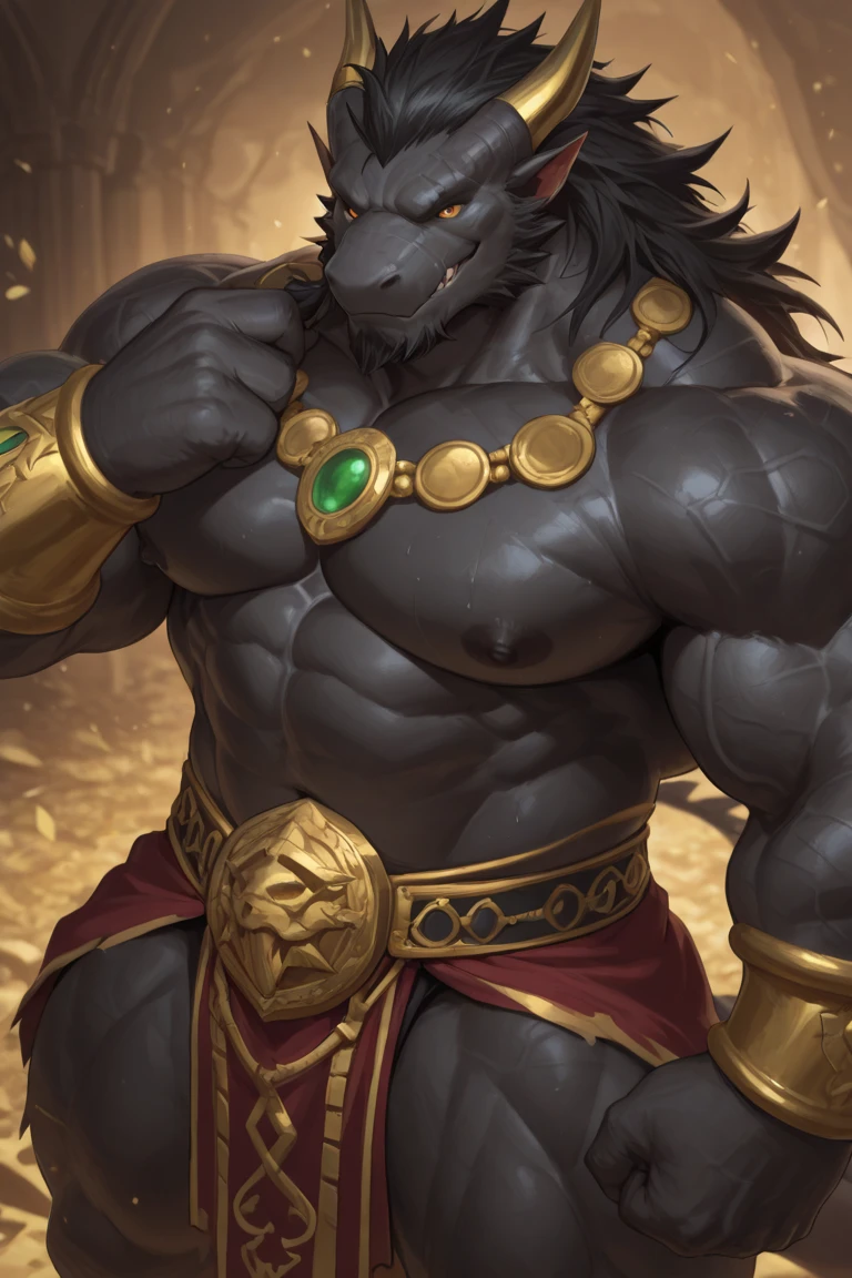 solo, male, Anubis, god, king, huge penis, huge balls, huge round pecs, big nipples, big nipples piercings, barely contained bulge, huge muscles, muscular, big shoulders, slim waist, ((detailed cloth, stars, muscular body)), (brown fur, majestic print), ((black body)), white mask, (gold helmet), glowing eyes, Dragon mask, detailed teeth, detailed face, detailed fluffy fur, detailed face, detailed eyes, gold accessories detailed body, robes, armor, detailed face, detailed eyes, dark blue slack pants, sash, gold trimming, armor, red undershirt, red shirt, full body, splash art, official splash art, arcana skin, splash art, (masterpiece, high quality, hi-res,8k), standing, close-view portrait, looking at viewer, indoor, happy expression, day, smirk, dynamic pose, by Kihu, by Darkgem, by Boosterpang, by Kazushifluff, by Zourik,