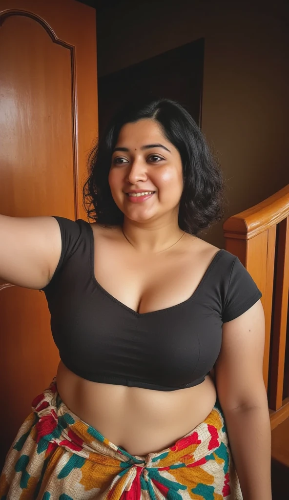 (RAW) Indian woman wearing black saree (blouse, petticoat), 20 years old, (chubby cheeks:1.1), (curvy body:1.2), (eyeglasses), (bindi), (vermilion), An Indian beauty, charismatic, dark-skin, view the viewer, naughty smile, Indian slums