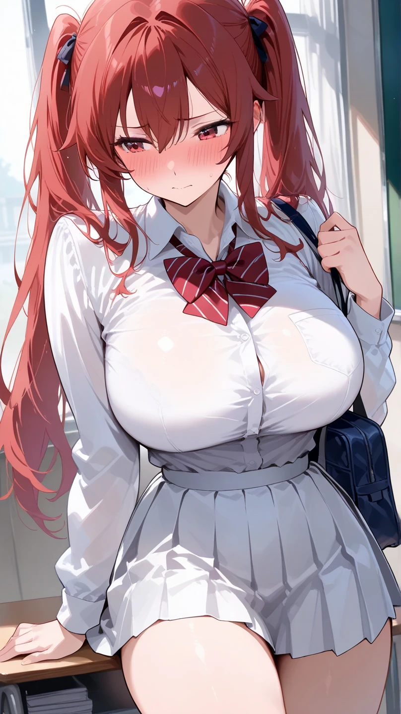 (8k, masterpiece), high resolution, high quality (best quality), uzumaki kushina, teacher, with a seductive look and smile, in high school, spectacular dynamic lighting, beautiful eyes, delicate face, detailed skin, detailed breasts, vivid colors,