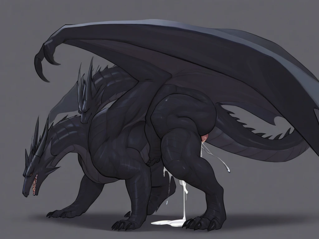 anthropomorphic black dragon, ,There is a pair of beautiful dragon horns., Black Dragon Scales, 1 tail, very muscular, large chest, abs, aroused, naked, erect penis, ((large penis)), ((white background)), (((ejaculating semen))) ((hung large testicles)), masturbating, standing, detailed
