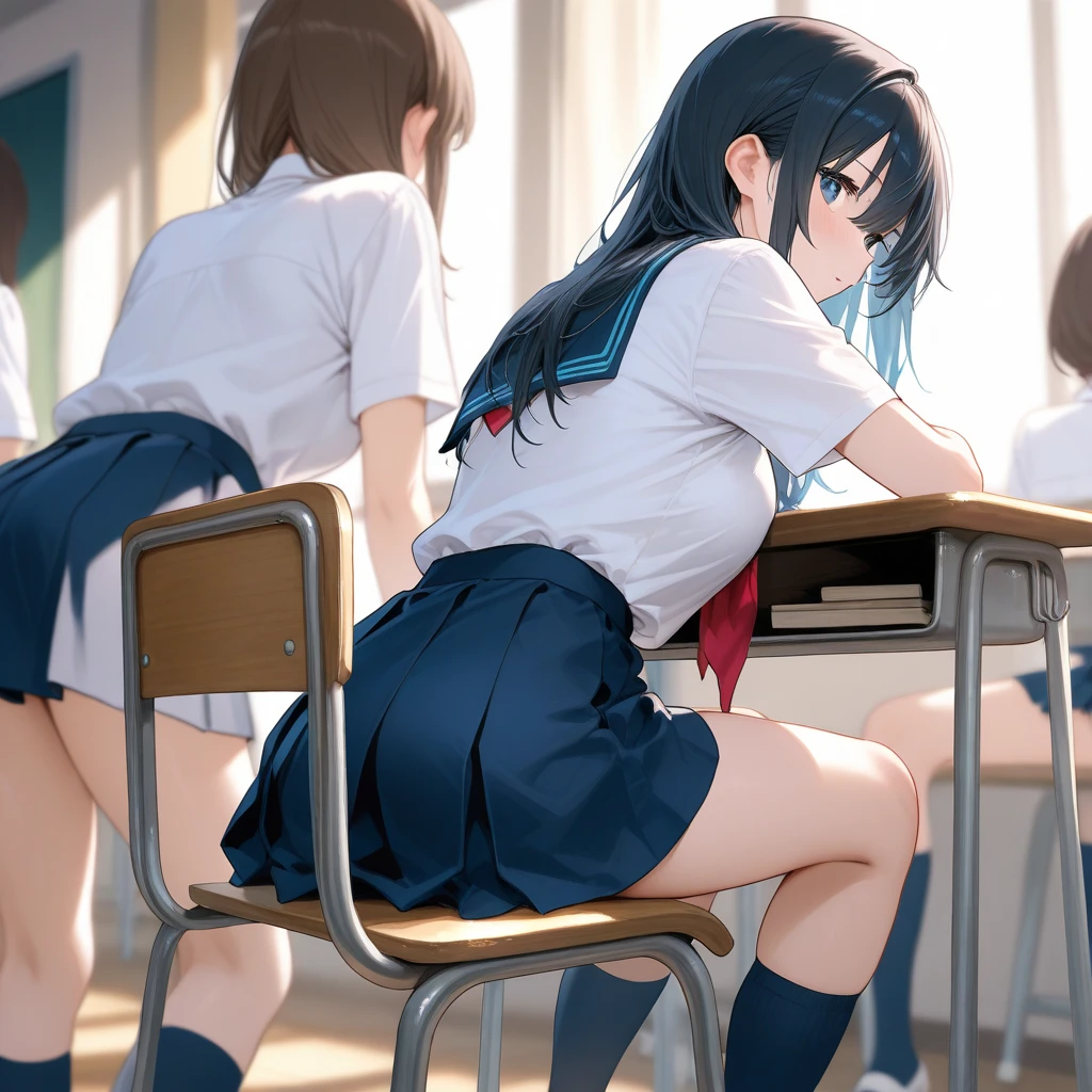 Air conditioning is broken、School、In the classroom、Sitting in a chair、Girl、Girl、Short、Younger、Lower school year、Baby Face、flat chest、Dynamic Angle、masterpiece、best quality、ultra-detail、Summer sunshine、Miniskirt、The desks are lined up、There are several classmates behind me.、Clothing、Aze、surprise、anxiety、Sweat、window