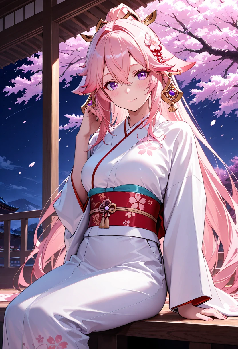 1girl, (ulzzang-6500:0.7), kpop idol, yae miko, bikini, detached sleeves, bare shoulders, pink hair, long hair, bikini, best quality, (painting:1.5), (hair ornament:1.35), jewelry, purple eyes, earrings, breasts, torii, cherry blossoms, lantern light, depth of field, detailed face, face focus, ribbon_trim, (looking at viewer:1.25), nontraditional miko, shiny skin, long sleeves, smile, thick lips, game cg, hands on lips, east asian architecture, (blurry background:1.2), sitting, upper body, bikini