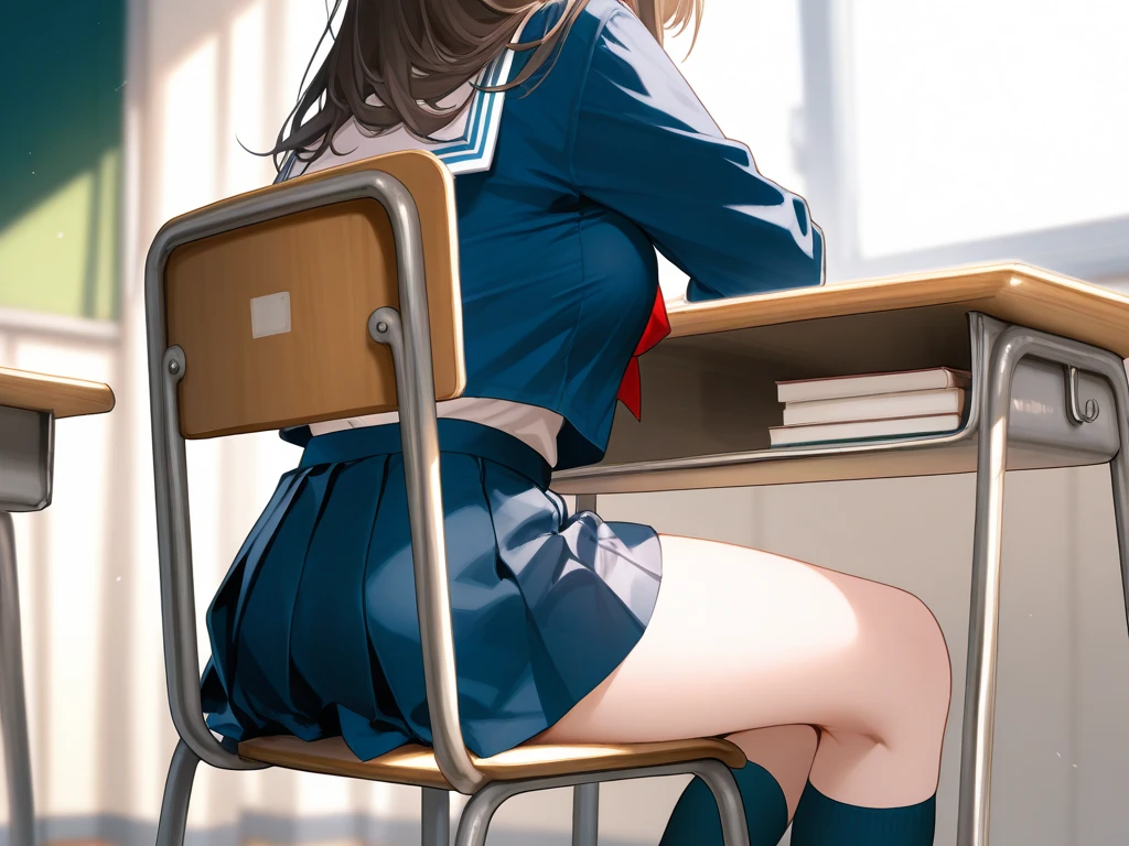 (((masterpiece, Highest quality, High resolution, 超High resolution, Pixel perfect, Written boundary depth, 4K, RTTX10.0))), Beautiful Anime Women, Beautiful art style, Anime characters, ((Smooth texture, Realistic texture, Anime CG Style)), Exact finger count、Exact number of legs、(Exact number of arms:1.0, Exact number of hands:1.0), (Perfect hands, Perfect Anatomy.1.5), Cinematic, Realistic, Highly detailed CG, Daytime lighting, Perfect lighting, Best Shadow, The best natural light, Perfectly balanced style, Perfect body, (Slender body:1), whole body, ((bangs, Dark brown hair, Twin tails)), cute, ((A woman is sitting on a chair with her skirt rolled up, Exposing light blue panties.:1.4)), ((Beautiful eyelashes)), ((Detailed face:1.2)), (Fashionable white shirt, Navy blue sailor collar, Sailor suit, Navy pleated mini skirt:1.3), (セクシーでcute水色のパンティ, Light blue panties with lace trim around the edges, Detailed folds in panties:1.4), (Shiny satin side-tie light blue panties:1.5), (Confused expression:1.3), (blush:1.1) (School classroom, The back of the chair is behind your back, During class:1.3), From directly behind, (Uniform and precise skirt length, The skirt is rolled up:1.2), (Close up of ass in panties:1.2)