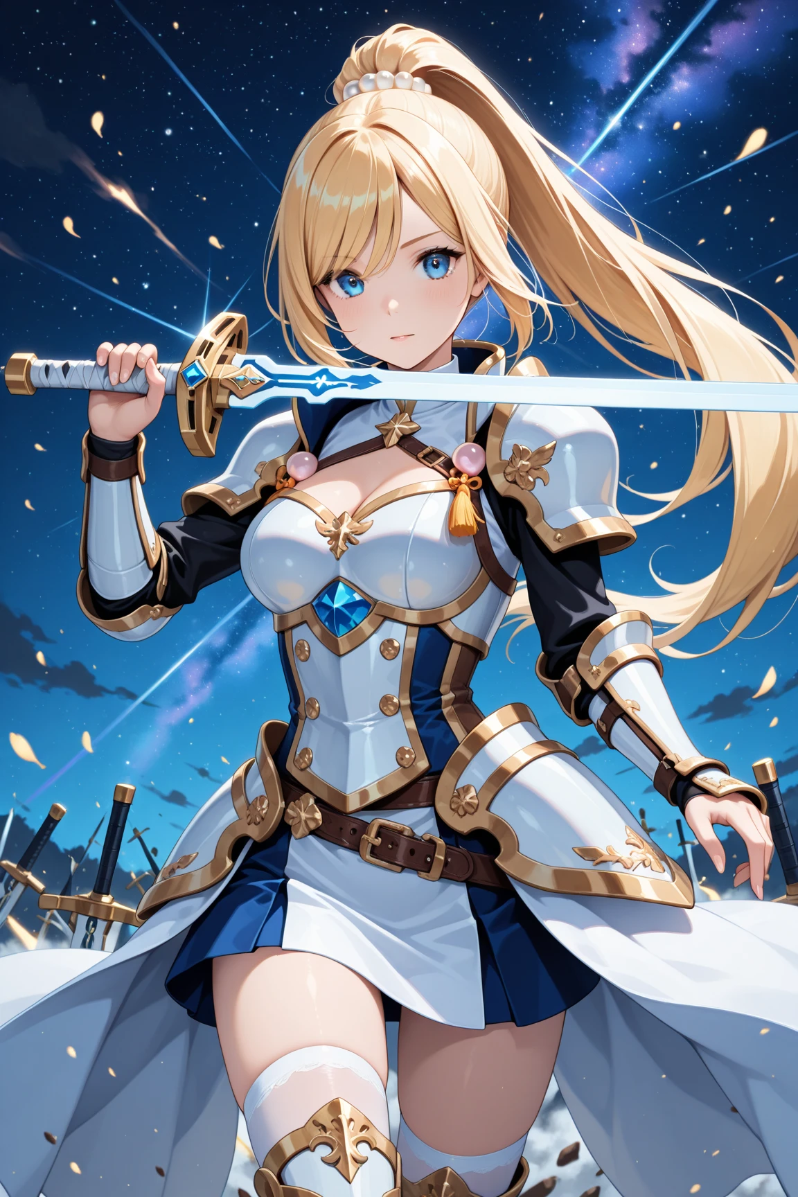 ((masterpiece)), Highest quality, (8k, Highest quality, masterpiece: 1.2), Very detailed, Close-up of a costumed person holding a sword, Concept art inspired by Le Chevalier, Pixiv, Conceptual Art, Wearing light leather armor, Artoria Pendragon, Girl in Armor, Light blue armor, Opal Armor, Zodiac Knight Girl, Wearing light armor, cushart krenz, 魅惑的なElf Princess Knight, Close-up of a costumed person holding a sword, Wearing light leather armor, Artoria Pendragon, Girl in Armor, Light blue armor, Opal Armor, Zodiac Knight Girl, Wearing light armor, cushart krenz, alluring Elf Princess Knight, rogue anime girl ayanami rei, Elf Princess Knight, Shiny white armor, Women Clergy,Blonde,Thighs,boots,Cleavage,Armpit,White underwear,Spread your legs,Pussy,NFSW