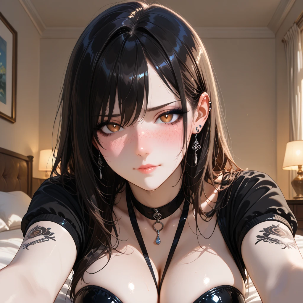 (masterpiece, best quality, high quality, highres:1.4), extremely detailed, ambient soft lighting, 4K, Original Character Portrait Of a Stunningly Beautiful Goth Girl Petite build Slutty Alluring Eyes Clean Hair Devious Smile Open Mouth Clothed, TShirt, Shorts, Lovely Large Breasts Thick Thighs, Bed Background (Highest Quality, Amazing Details:1), (Solo:1), add_detail:1.5