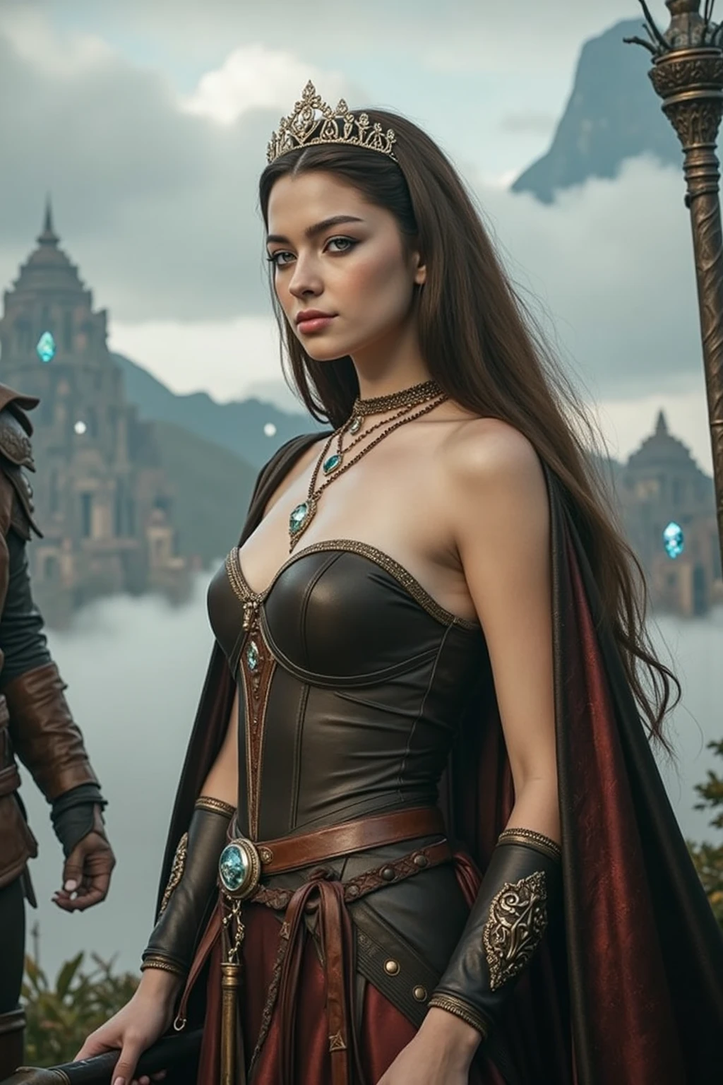 ((Megan Fox, (24 anos), de corpo inteiro), The skirt is long to the floor)), usando vestido longo, estilo medieval, olhos verdes distintos, roupas de couro, slender and graceful, lindissimo, luz de velas em um ambiente medieval, Castle medieval, Ultra sharp focus, tiro realista, roupas masculinas medievais, cores tetradicas (cicatriz:1.4). Castelo medieval na forma de uma cogumelo com tom de sinistro e convidativo.