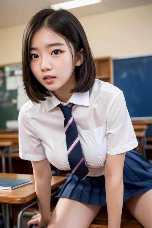 (masterpiece:1.3)、Super detailed finish、(High resolution、8k:1.3)、highest quality、beautiful hands、beautiful arms、(Super realistic like a photo:1.3), The face is in focus、close up on face、 ultra high definition face、Face is in focus、Ultra high definition and beautiful eyes、(focused eyes:1.3)、(Eyes are symmetrical:1.3)、High-definition and beautiful skin、firm skin、Ultra high definition hair texture、Japanese high school girl、18 years old、very cute, short hair, pose sitting on a chair:1.3, (high school uniform:1.3), hugging my chest with my arms、Upper body、(classroom), (shy look:1.3), blush:1.3, Mr.々shooting angle:1.3, I'm depressed、(looking at viewer:1.3), nsfw、beautiful legs
