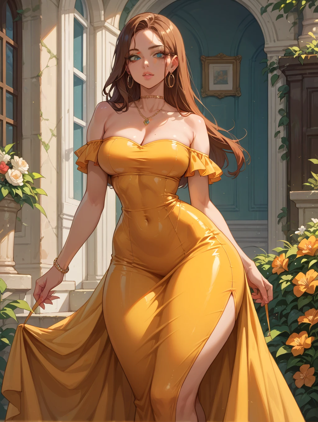(1 girl, solo, (sexy posing) ), (girl is (redhead long hair), perfect body, (detailed olive eyes), (detailed face), (one shoulder gold mini dress, cleavage), she's happy), (background closet interior, full of women's dresses and shoes), (high detail)