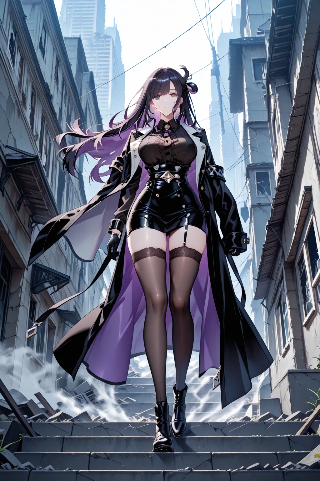 (Highly detailed CG), (Highest quality),(full body)， 1 Girl,alone, Grey Eyes,Long Hair, Blonde,Purple Dress,Wide white sleeves,Purple ribbon,Purple Stockings,hair ornaments,Bare shoulders,Removed sleeve, Black gloves, Blunt bangs, Magical girl, Perfect Face,  Shiny skin, Shiny skin, Wide Hips,Tight waist,leotard，Very Boots，Elbow Bag,1 Girl, Long Hair, sunset，Octane
