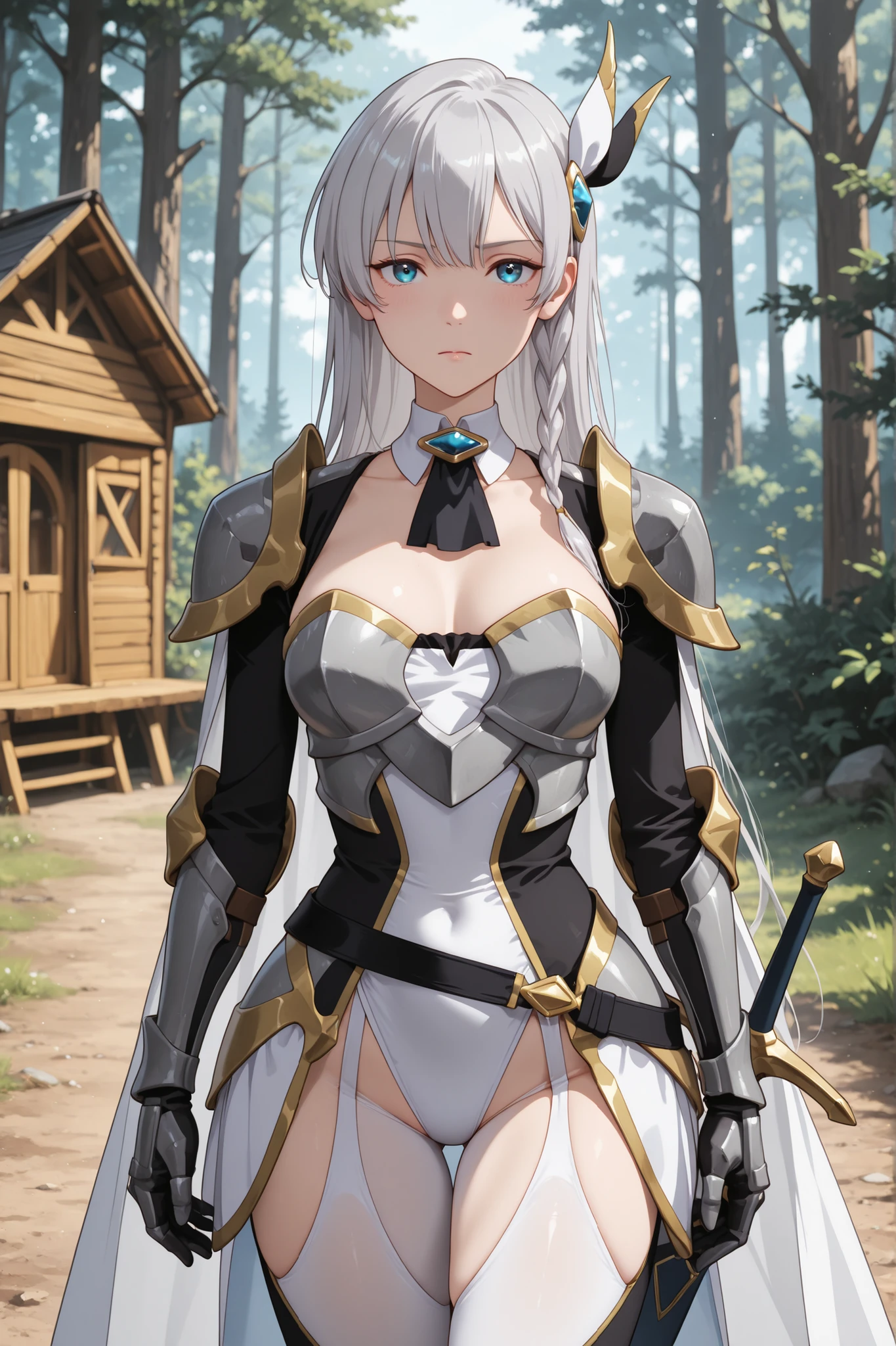 1girl, Allucia, side braid, long hair, grey hair, blue eyes, hair ornament,  white cape, detached collar, black ascot, pauldrons, armored dress, white leotard, medium breasts, gauntlets, black belt, sheathed, sword, thigh cutout, white pantyhose, outdoors, forest, cabin, looking at viewer, serious expression, detailed hands, beautiful, attractive, seductive, sexy, focused expression, best quality, masterpiece, ultra detailed, very aesthetic
