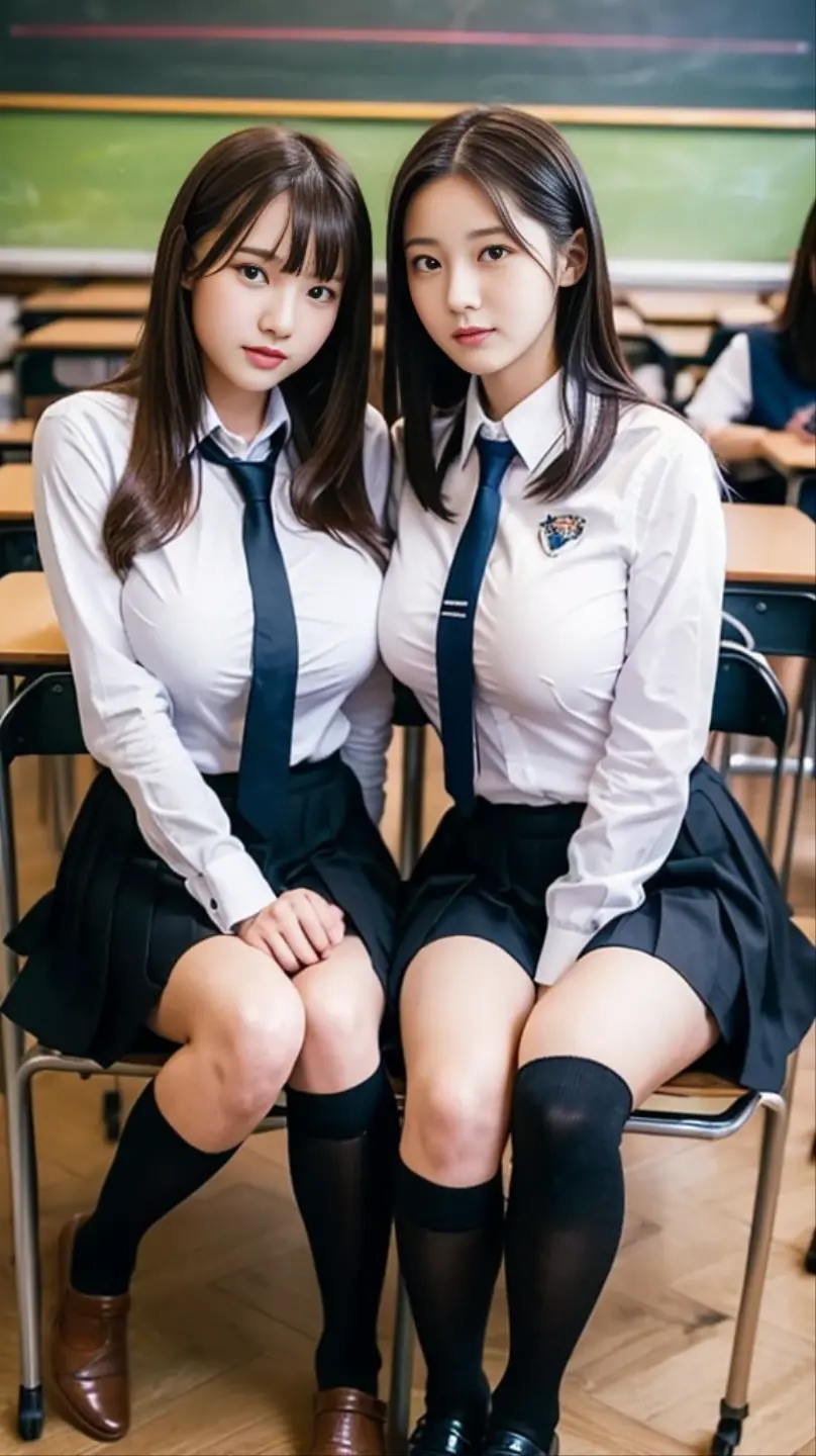 (2young girls), (highly detailed eyes), (highly detailed face), extremely detailed CG unified 8k wallpaper, highly detailed, High-definition raw color photos, professional photography, Realistic portrait, Cinematic Light, teenager, bangs, (hi-school uniform, pleated skirt:1.3), (hi-school uniform with open chest:1.5), See-through sheer panties, (beautiful big breasts:1.2), (no panties:1.3), desk, sitting, cameltoe, open legs wide, school, classroom,