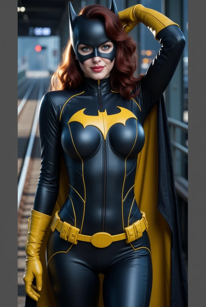 babs, red hair, blue eyes, black bodysuit, belt, cape, gloves, looking at viewer, smiling, happy, 
outside, apartment roof, cityscape, night, moon, extreme detail, hdr, beautiful quality,   Breast Grabing Pose 
