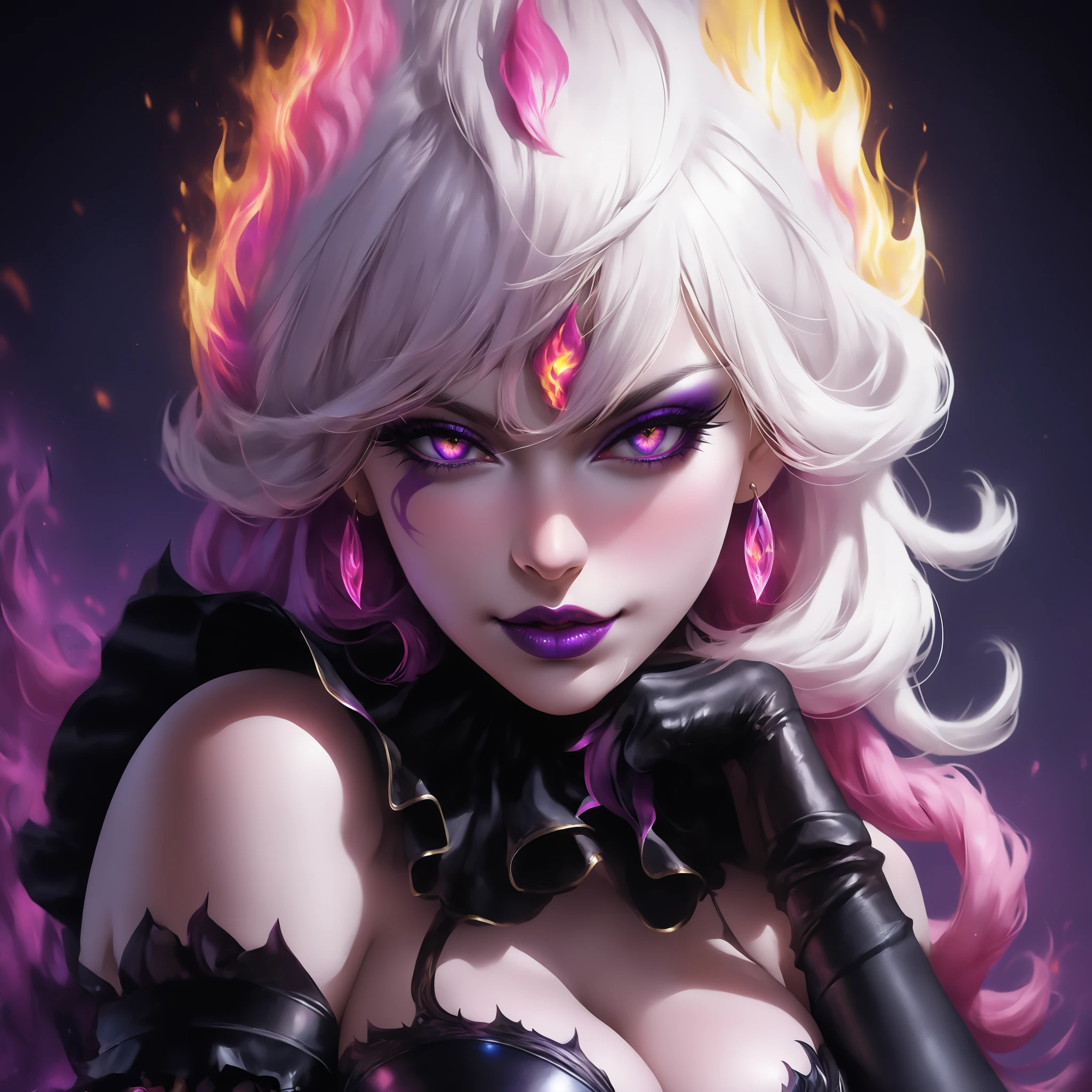 Evelynn is a masterpiece of the highest quality. She has dramatic lighting and a female focus. Her features include a jester's outfit in black and white or two colours, with black ruffles, long white gloves, a white jester cap, jester shoes, long earrings, red hair braided into two plaits, blue eyes and a playful look as she poses for the viewer. Her large, sexy breasts are visible, as are her sexy nipples, and she has huge thighs. Ultra HD, ultra-detailed, sharp focus, semi-realistic style, attractive features, detailed features, masterpiece, best quality, stunning quality, absurd, newest, very aesthetic, shadow, local colour adaptation, HDR, decay effect, chromatic aberration, polarisation, blur.,EvelynnLoLXL, black slit pupils, facial mark, purple lips, yellow eyes, glowing eyes, white hair, colored hair, pink flame hair, long hair, hair between eyes, sidelocks, bangs, purple skin, colored skin, large breasts