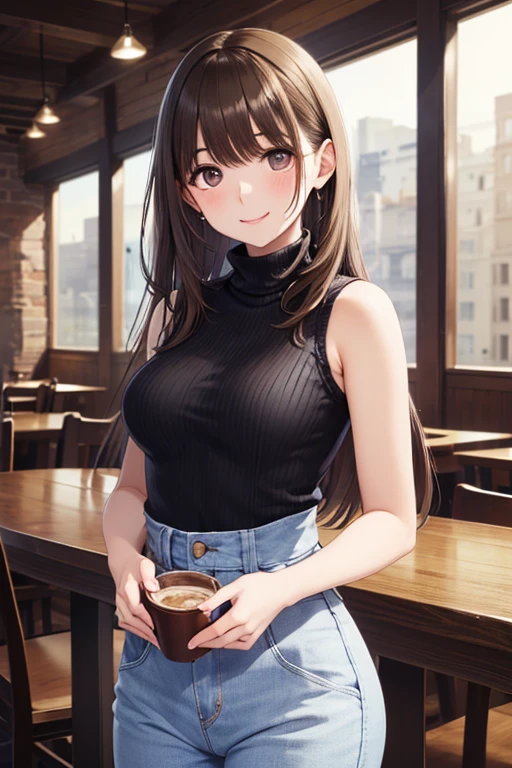 anegasaki nene、Shiny brown hair, short hair, (Beautiful brown eyes、Sparkling eyes, Fine grain)、smile、Ultra-detailed eyes、Highly detailed face, Highly detailed eyes,Cowboy Shot、



(Highest quality:1.2), One girl,Starbucks Coffee, summer, ((Sleeveless black halter neck ribbed cropped sweater,Denim pants))、 Cowboy Shot, Professional lighting for frontal shots,Realistic Shadows,Focus Only,Beautiful Hands,Beautiful fingers,Detailed characteristics of the fingers,Detailed arm functions,Detailed clothing features,Detailed hair features,Detailed facial features,(Tabletop,Highest quality,Ultra-high resolution output images,) ,(8K quality,),(Picture Mode Ultra HD,)