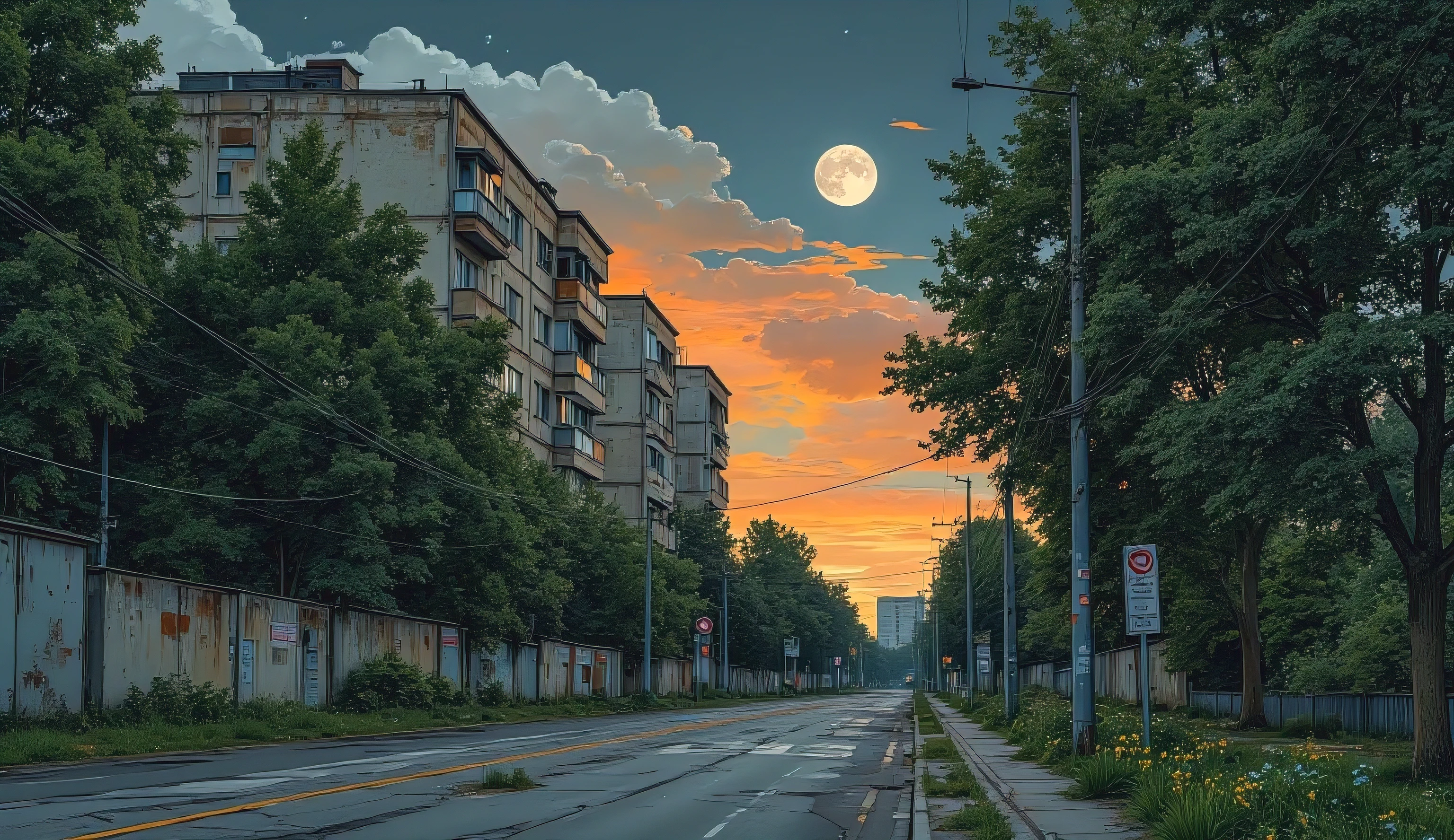 landscape, street, USSR Vibes, detailed panelki, Russian Apartments, many green trees, orange evening, summer, night, big moon, stars:1.5, cloudy, grass, crossroad:1.5, cracks in the asphalt:0.3, soviet-style concrete fence:0.15, flowers:0.15, without sun, garages