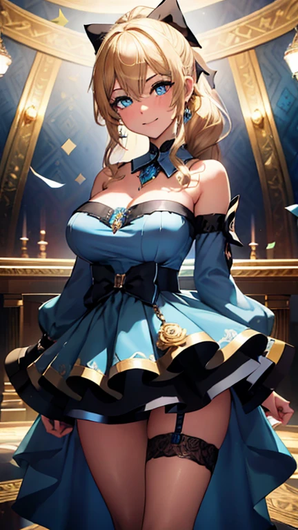 (masterpiece), Highest quality, Expressive eyes, Perfect Face,(((1 Girl))),(A gorgeous idol dress in blue and black:1.3)),(Big Tits 1.5),(Thigh gap 1.5),Crystal Amulet,concert,Confetti,garter belt,High heels,(Blonde),ponytail,Side Lock,bow,Cleavage,View your viewers,軽いsmile, eye shadow, eyeliner,Sparkling Eyes, Ultra-detailed eyes, Complex eyes, Beautiful Eyes, ((Glowing blue pupils))、Are standing,Tilt your head,Are standing on one leg,Sexy pose,smile,whole body