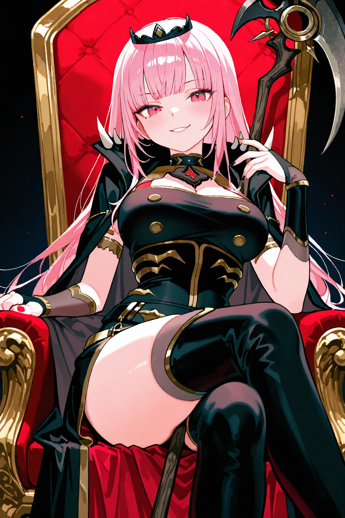 Man sitting cross-legged on a luxurious chair、Multiple wives around、Harem、liquor、food、Girl with pink hair、blue eyes