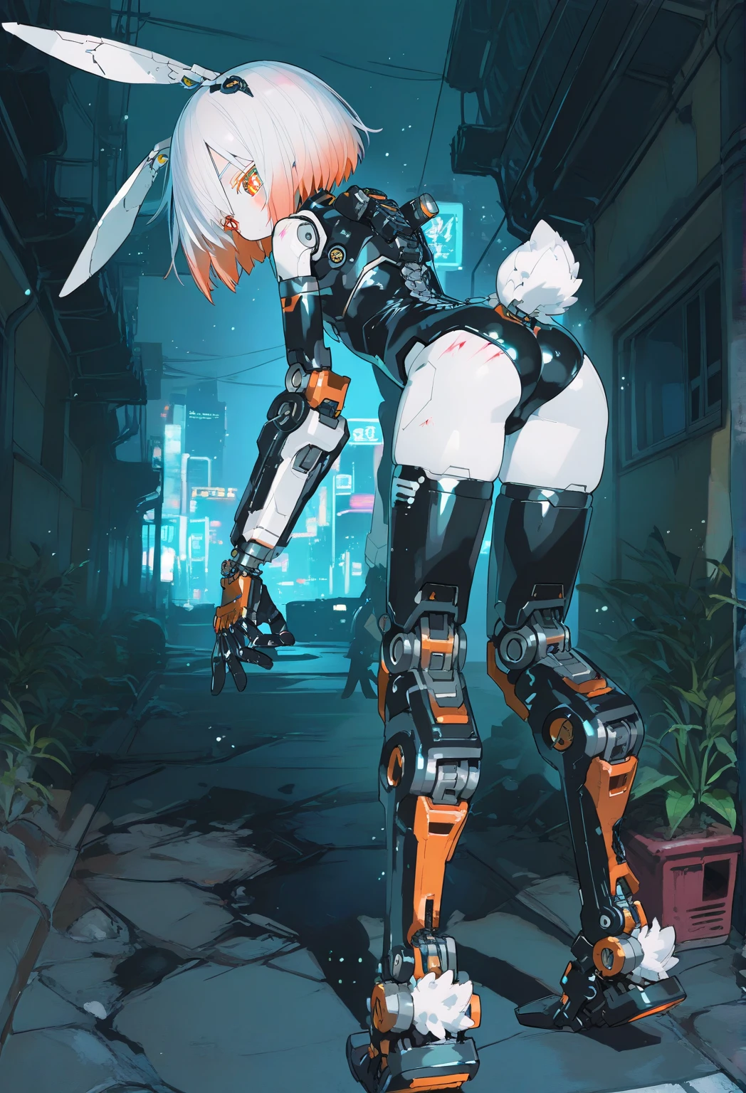 Gray Hair、short hair、red pupils、Robot Girl、Mechanical Arm、Mechanical legs、The body line is clear。Exposed except for nipples and female genitalia、Heavily exposed skin、Expressionless、No light in my eyes、night、An abandoned factory somewhere、Connected to cables around the head and spine