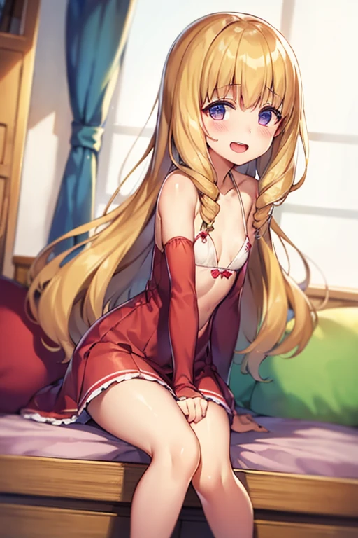 hair wavy、a blonde girl、独奏、red eyes、negligee、lonely