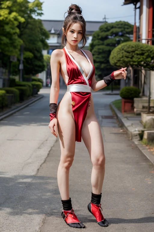 (mai shiranui:1.5), (tabi:2.0), (toe:1.2), (Full body portrait:2.0), Full body, (Realism), (masutepiece:2.0), (Best Quality), (ultra-detailliert), (8K, 4K, Convoluted), (Flat Lighting:1.2), (skinny), Prestige, Brown eyes, Long hair, Brown hair, White ribbon, Sleeveless, poneyTail, sash, pelvis curtain, arm guards, mitts, fascinated expression, Sexy eyes, medium breasts, Smile, Cute, view the viewer, Long hair, Close to Japan temple, (breasts focus:1.2), (Realistic:1.2), (Full Shot: 1.2), (85 mm), light Particle, Lighting, (Highly detailed:1.2), (Detailed face:1.2), (gradients), SFV, Colorful, (Detailed eyes:1.2), (Detailed temples of Japan: 1.2),(Detailed background), (Dynamic Angle:1.2), (Dynamic Pose:1.2), (Line of action:1.2), Wide Shot, Daylight, Solo.