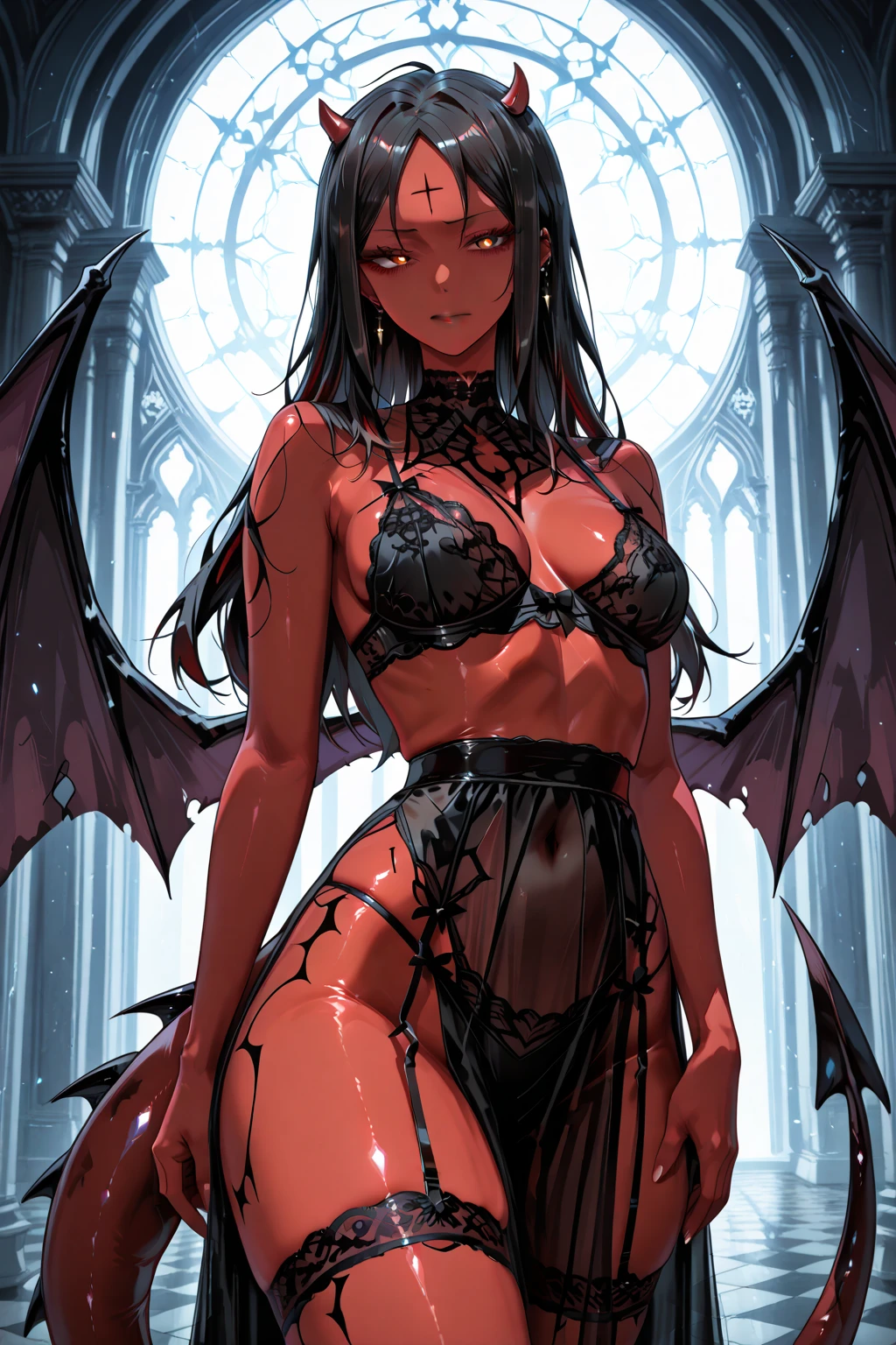 masterpiece, super detailed, high resolution, precision art, highly seductive anime girl. sexy and alluring, flawless dark red demonic skin, succubus, symmetrical face, beautiful olive eyes, flowing black hair, her very presence oozes seduction and allure, S-shaped body, black onyx colored horns jutting out her forehead, heart shaped tail protruding from her back, sexy and arousing slender and thin yet chiseled with enticing breasts, intricate and beautiful heart shaped tattoo engraved on her stomach, wearing spaghetti strap crop-top and form-fitting leggings that accentuate her round ass, hip-level shot