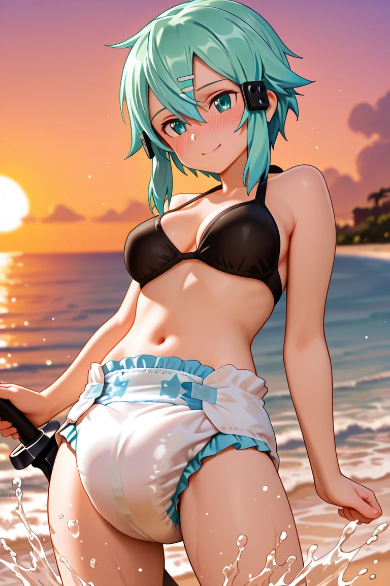 NSFW,masterpiece,Highest quality,High resolution,Super detailed,Sinon\(Sword Art Online\),High quality black and white sexy bikini,green cropped jacket,Short sleeve,Black shorts, hair ornaments, Hair Clip,Embarrassed,expectant face,smile,blush,Fantasy,beach,Palm tree,Rock Shade