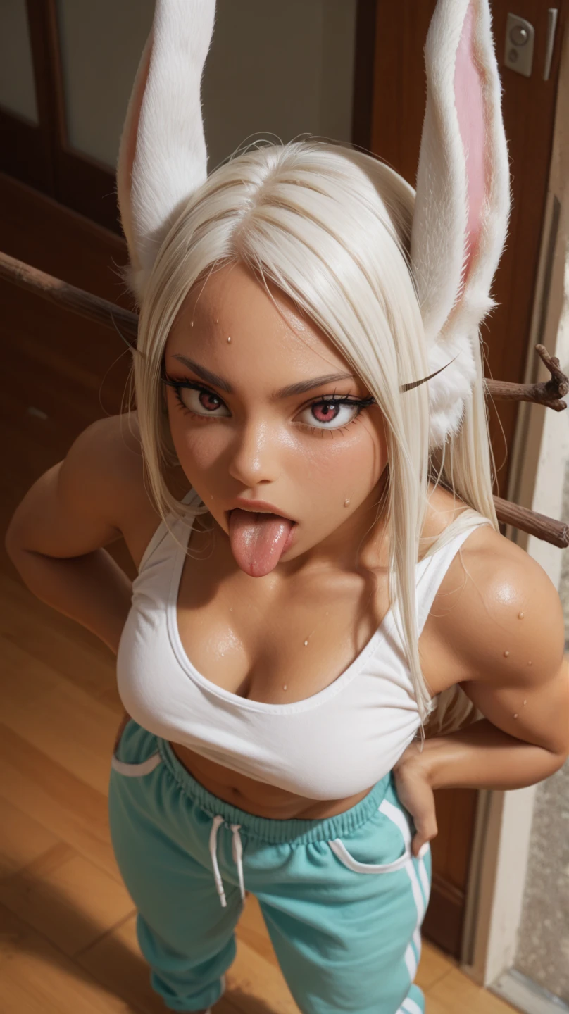 ((masterpiece)), 1 cute girl, with a very long tongue, sexy look, erotic look, embarrassed, blushing, with heart-shaped pupils, salivating, open mouth saliva, atmosphere of love, heroic pose, in a squat and with a small transparent robe that allows you to see through him and details every curve of his well-toned body, Super Pale Natural large Tits With Hard Pink Nipples, large tits, huge tits, Pale skin, light skin, light-skinned female, (Shiny skin:1.3), moisturized and glowing skin, Hot thick lips.