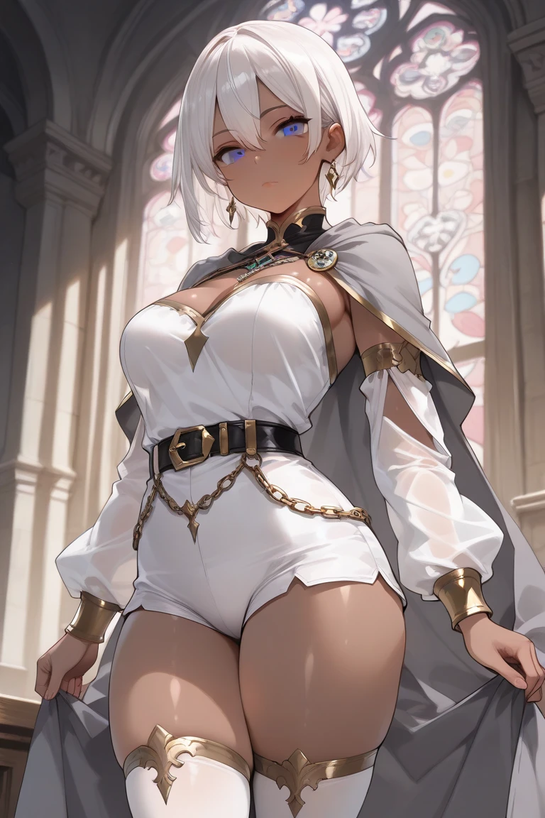 masterpiece, best quality, 1girl, solo, standing, cleavage, <lora:darkmage-fe-richy-v1-000019:1> darkmage, bodystocking, white hair, short hair