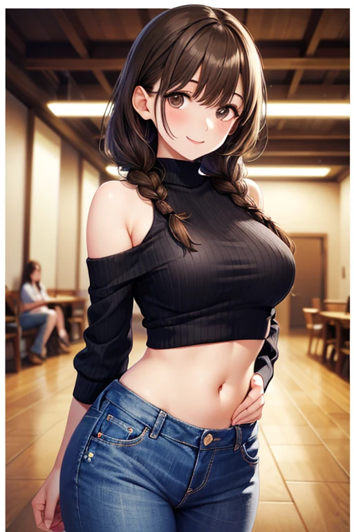 A flirtatious, provocative smile、Big Breasts、One female、Beautiful light brown hair、Perm Hair,tattoo、White tank top,Ripped jeans,A deserted bar,Wilky,Ultra-high resolution, Accurate, Super detailed, Textured skin, High detail, highest quality, 8k, Detailed Hair,Detailed eyes,Focus on the face,Depict the figure from the waist up,