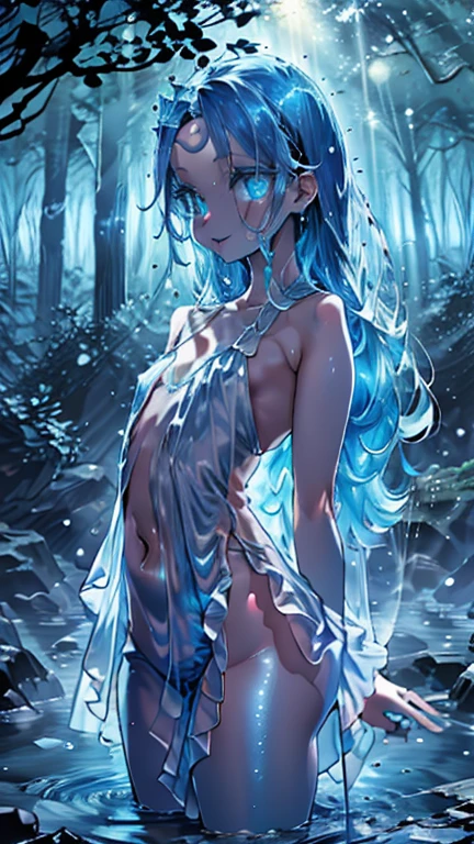 (highest quality, 8K, 32K, masterpiece, UHD: 1.3), 1 female, (Oversized: 1.3), perfect figure, super detailed face, detailed lips, fine eyes, (attractive), ((excited: 1.5)), (Sheer skin)) 、((((Transparent see-through dress))))、see-through dresses、lace sheer dress、Transparent dress、Sheer skin、Transparent dressを着た美しい裸の女性、solo、best style、big breasts、The most beautiful in the world、unparalleled beauty、long hair、 Indigo forest, Empty bathhouse hidden in a cave, hot spring、beautiful render of a fairytale, magical atmosphere + masterpiece, so magical and dreamy, magical colors and atmosphere, Blue lighting. fantasy, fantasy gorgeous lighting, concept art stunning atmosphere, magical environment, magical blue color and atmosphere, beautiful concept art, dark majestic ornate great hall, inside the palace、blue water辺、blue water、blue reflection、Cyan color、in the blue water、soak in blue water、Blue light、Blue Grotto、Blue World、