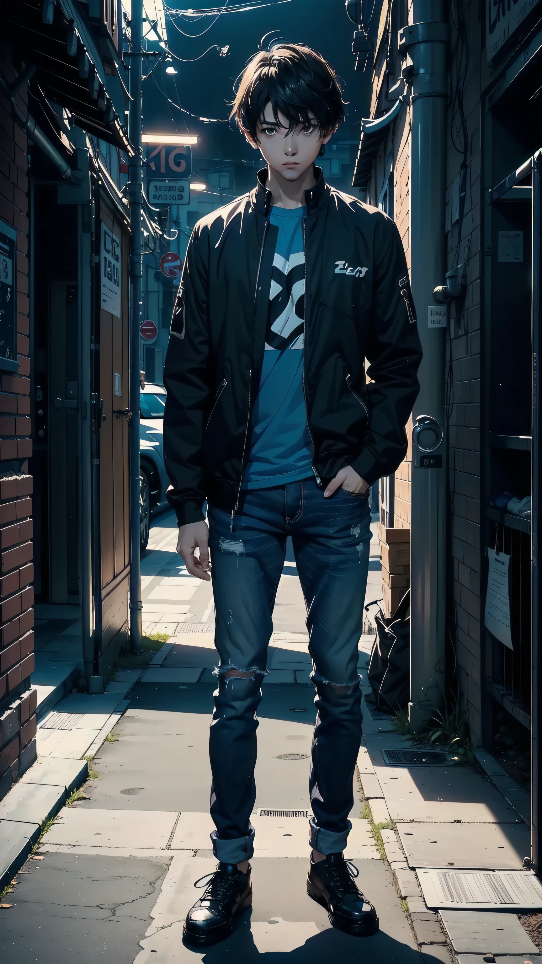 masterpiece, best quality, 1boy, solo, Amamiya Ren, ((blue shirt long sleeve and jeans)), ((top quality, ultra-detailed, high resolution, extremely detailed CG, unity 8k wallpaper, Makoto Shinkai style, by famous artist, perfect anatomy, super detailed skin, cinematic lighting, UHD, retina, anatomically correct, 1080P)), (Please draw a single one boy standing without background:1.3), ((1boy)), (Solo, face,:2.0), a high school student, ((full dark brown hair)) Full limbs, complete fingers, ((perfect fingers, perfect arms)), masculine, manly, small, Beautiful detailed full dark brown eyes, perfect eyes, ((The background is totally black, without any element, as a photography study)), standing, single guy (one guy), full body shot. ((close view)), ((standing:1.5))