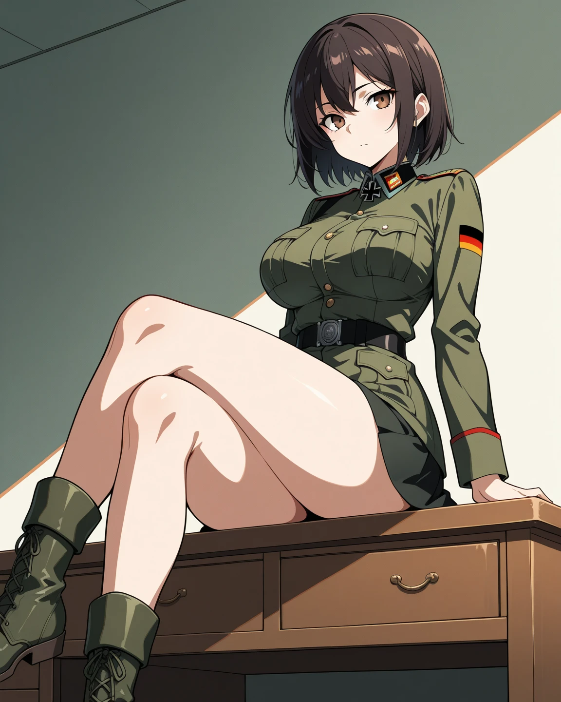 Anime, Short black hair with bangs,  Narrow waist, Wearing Soviet military uniform,((bottomless:1.5)),NUDE,naked,wet pussy,((pussy:1.5)),Shaved pussy,Moscow alley,NSFW,Pussy,Squat,Leg spread