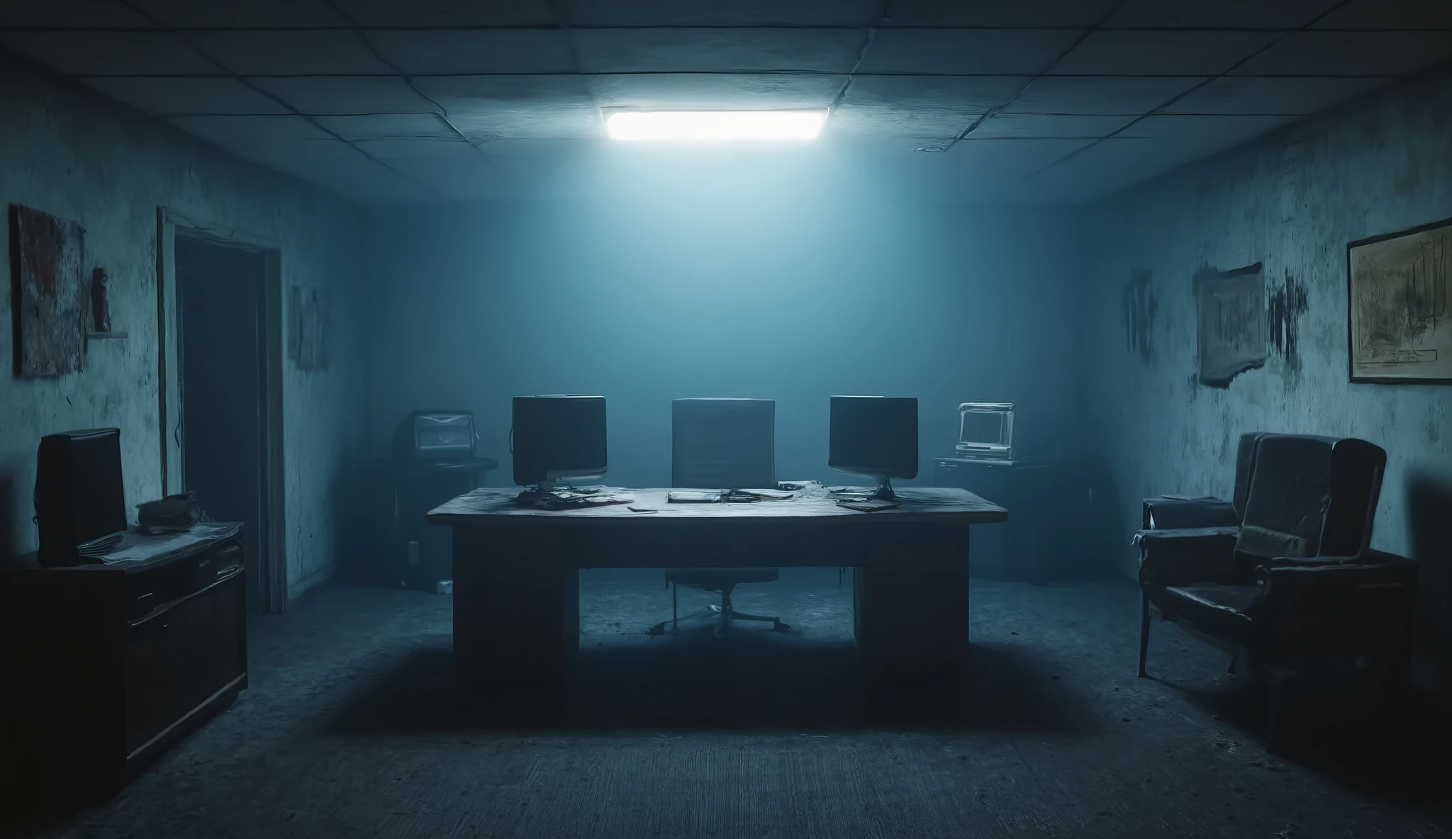An empty Office, dark, surreal, liminal, hyper realistic, high detail, masterpiece.