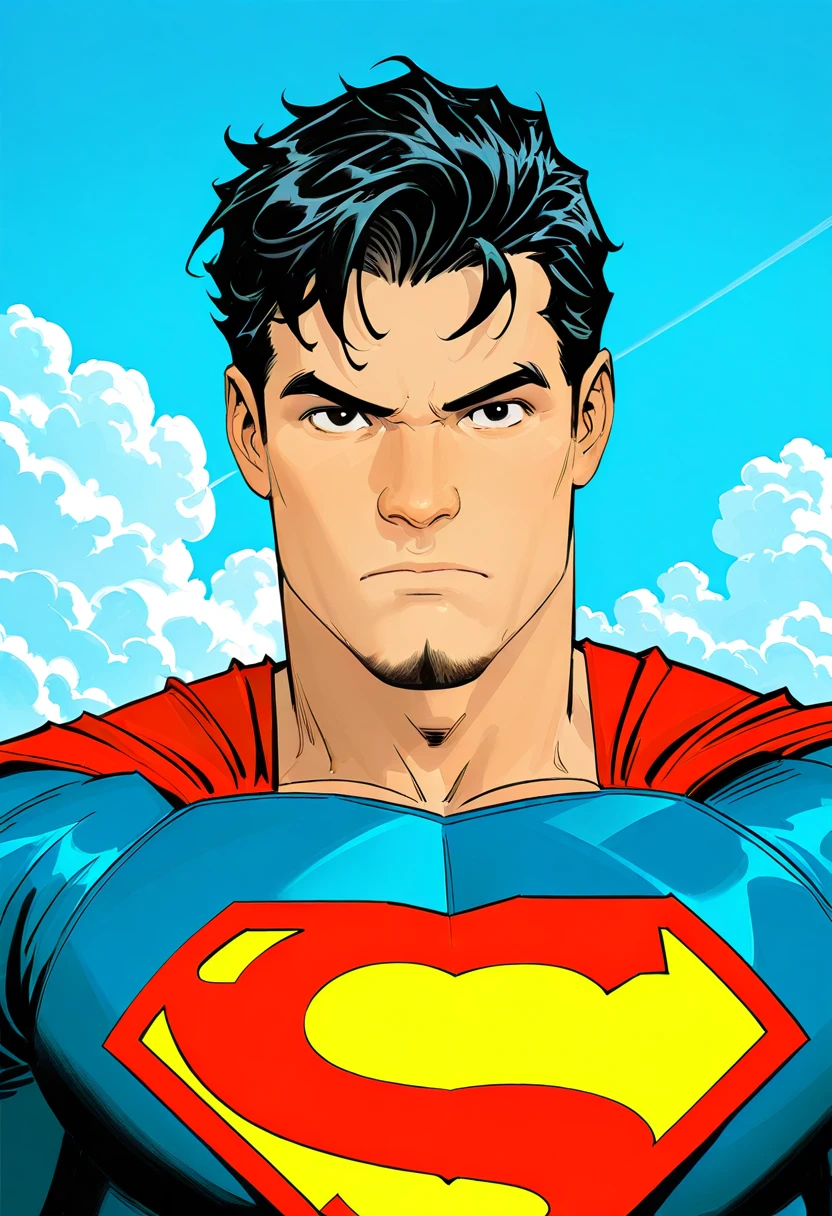 aronad, western comics (style), 1boy, solo, looking at viewer, superman \(cosplay\), outdoors, blue sky, upper body, cloud, thick eyebrows, 
black eyes, goatee, black hair, short hair, facial hair, 
masterpiece, best quality,  esrtcd,  Kazryu