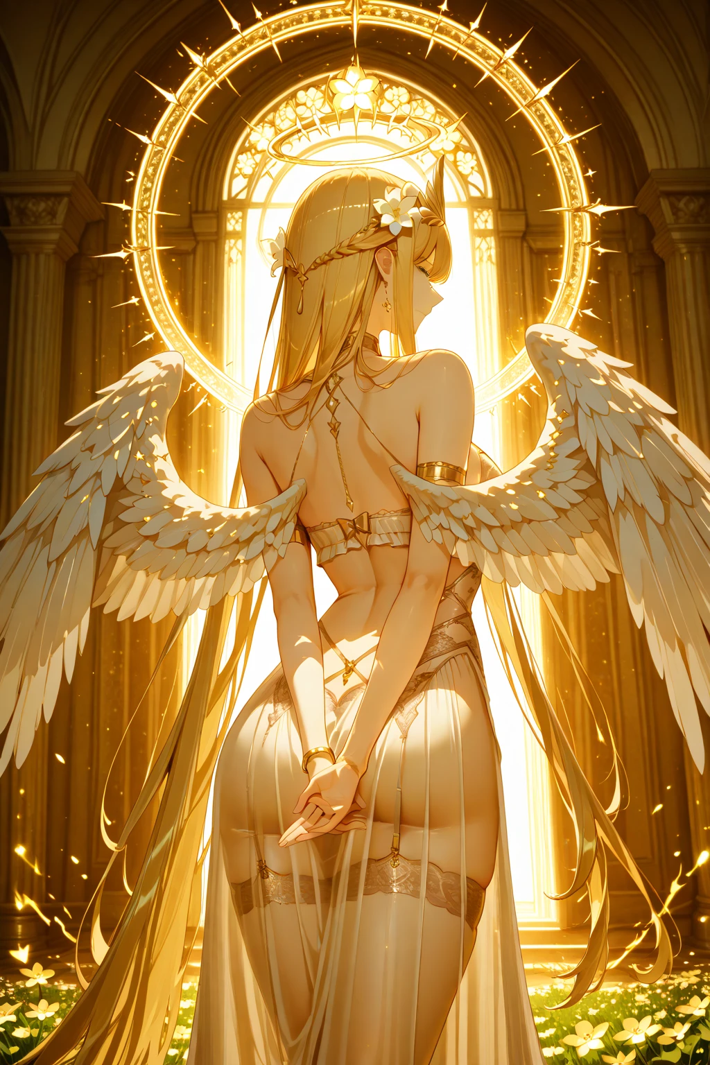 Rear squatting view from behind looking over shoulder  of full body head to toe angel woman with slight smile facing the camera Phoenix art nouveau style with a stroke by Alfons Mucha