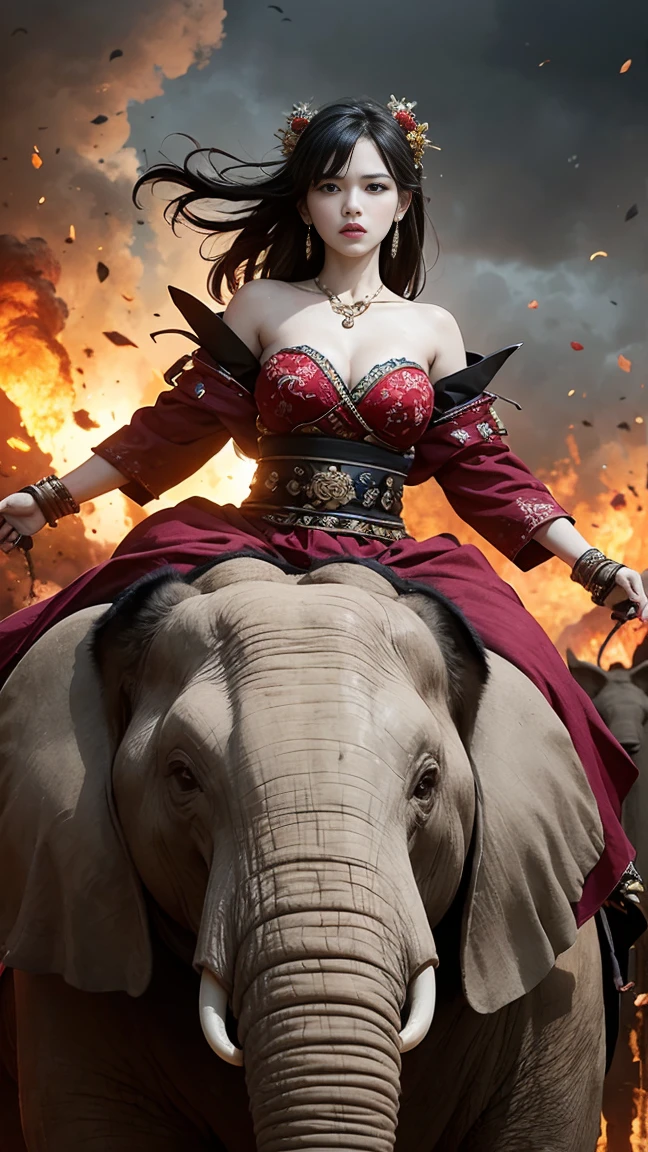 <lora:crmu:0.6>crmu, beautiful huge boobs woman sitting on top of elephant with designs painted on it, snowy mountain