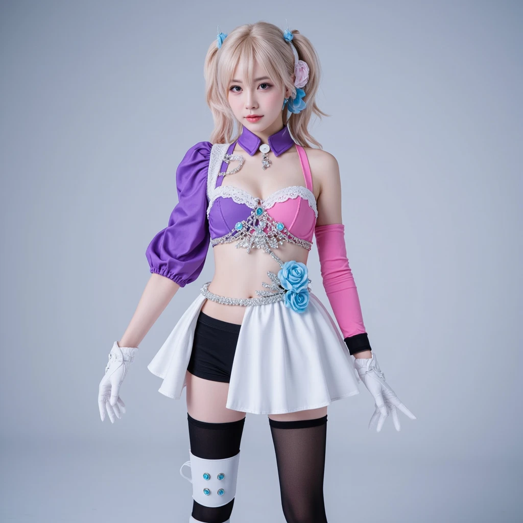 (8k, ultra high resolution, highest quality, masterpiece: 1.2), super detailed, alone, beautiful detailed face, perfect anatomy, one girl, alone, dynamic angle, dancing, ((cheerleader )),(Outdoor),Mullet hairstyle,Navel,(Look at armpit),(Stadium),(Cheer dance)(Slender body),(Beautiful fine eyes: 1.3),(Long hair),18 years old, Cute girl, Cute girl, masterpiece, top quality, clear face, perfect anatomy, wet, realistic face, realistic, dynamic side lighting, perfect lighting, dynamic pose, dynamic angle, shiny silver hair, gloss Fair skin, (RAW photo, highest quality),
(Realistic, photo-realistic:1.5),
masterpiece,
very delicate and beautiful,
very detailed,
CG,
unity,
8k wallpaper,
wonderful,
In detail,
super detailed,
High resolution,
very detailed,
Very detailed eyes and face,((bikini)),(huge breasts:1.3),Sakura,(KPOP idol),(long twin tails),(light purple hair):1),((big eyes)),staring, BREAK ((upper body: 1.3)), front view, long flowing silver hair, slender physique, black and white costume, thigh high boots, character wearing gloves.