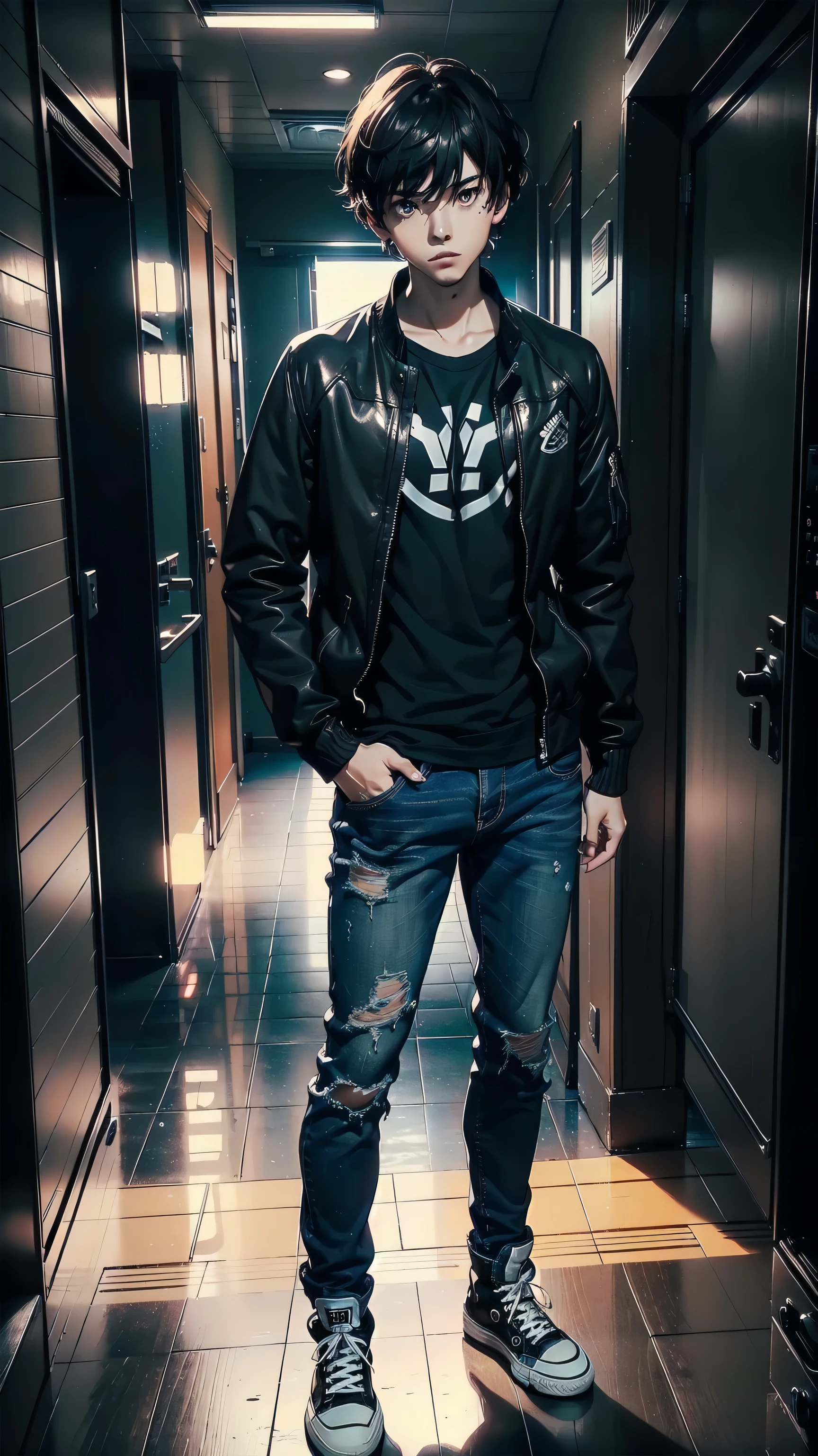 masterpiece, best quality, 1boy, solo, Amamiya Ren, ((blue shirt, black jacket and jeans)), ((converse)), ((top quality, ultra-detailed, high resolution, extremely detailed CG, unity 8k wallpaper, Makoto Shinkai style, by famous artist, perfect anatomy, super detailed skin, cinematic lighting, UHD, retina, anatomically correct, 1080P)), (Please draw a single one boy standing without background:1.3), ((1boy)), (Solo, face,:2.0), a high school student, ((full dark brown hair)) Full limbs, complete fingers, ((perfect fingers, perfect arms)), masculine, manly, small, Beautiful detailed full dark brown eyes, perfect eyes, ((The background is totally black, without any element, as a photography study)), standing, single guy (one guy), full body shot. ((close view)), ((standing:1.5))