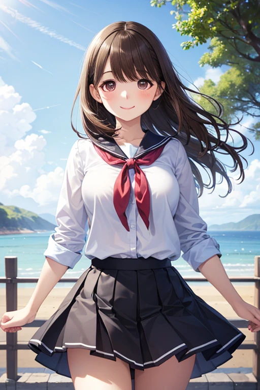 a 20 yo woman、Japan school uniform、(Sailor suit in cute shades)、(White sailor color)、Smiling with a sexual expression、Cute hairstyle、Colossal tits、Close-up view of shoulders seen from the side、(Close-up view of collar from the side)、high-level image quality、beautiful  Girl、sea side、a sailor suit、((white sailor collar))、Sleeveless、Plaid pleated skirt、Stockings、(huge-breasted)、Fluttering the chest、emphasizing breasts、Sleeveless、Smiling、pantie shot、Panchira、Cute patterned panties、Pants with cute patterns、Show the armpits