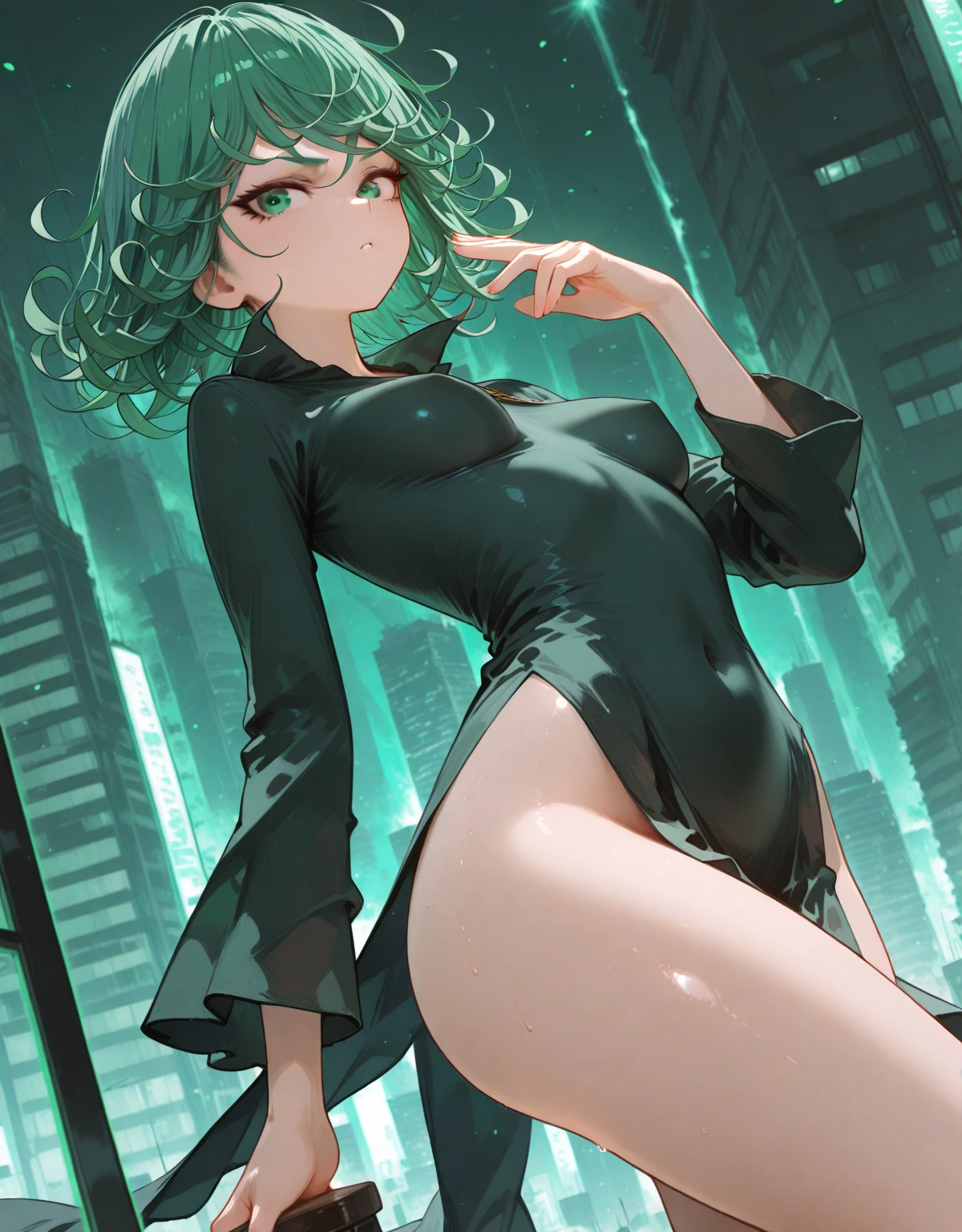 ((1girl)),((alone)), tatsumaki,(masterpiece), (best quality), (ultra detailed), (best illustration), (best shadow), (absurdities), sharp focus, cowboy shot, dynamic posture to the viewer, small breasts, narrow waist, wide hips, horrible thighs, round butt, naked, erotic, romantic, (very detailed eyes, lips 1.1), very detailed eyes, eyes, Very detailed face, Very beautiful face, height full, beautiful slim figure, femininity, expressive appearance, elastic small breasts, increased sexuality, green eyes, green hair, arms crossed, black dress, long sleeves, bare legs, clouds, defined body, perfect and beautiful body, perfect and beautiful, White micropanties inserted in the crotch. closed mouth, serious expression, angry, (sexy pose: 1.2), ((solo)), standing: 1.3, outside, futuristic cityscape, rainy city, streets, city lights, night, neon lights, looking away forward,((focus on breasts)), point of view (from below), perfect anatomy, perfect hands,