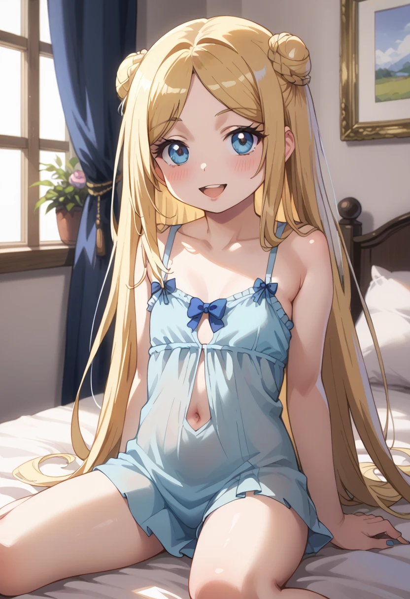 masterpiece, best quality, highly detailed, ultra high res, ayase arisa, 1girl, solo, perfect body, blue eyes, hair ornament, blonde hair, long hair, glossy lips, see-through nightdress, bedroom, standing